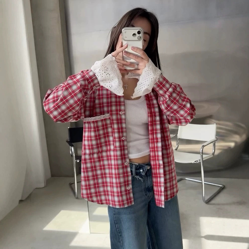 Damen Oversize-kariertes Flanellhemd mit Spitzenmanschetten und Zierpaspel Echoarchiv
