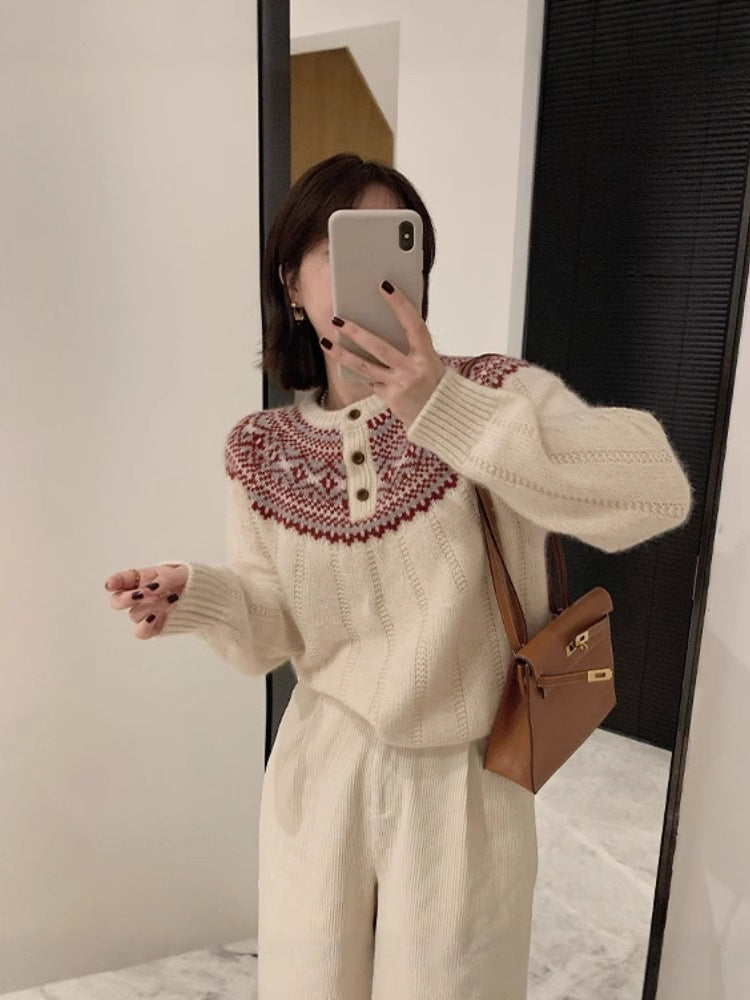 Damen Norwegermuster-Rundpassepullover mit Knopfleiste und Mohair‑Look Echoarchiv