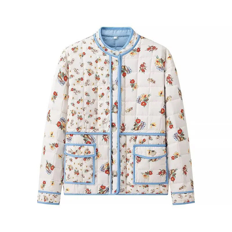 Damen gesteppte Boxy-Jacke mit floralem Alloverprint, kontrastierender Paspel und aufgesetzten Klappentaschen – Célinea