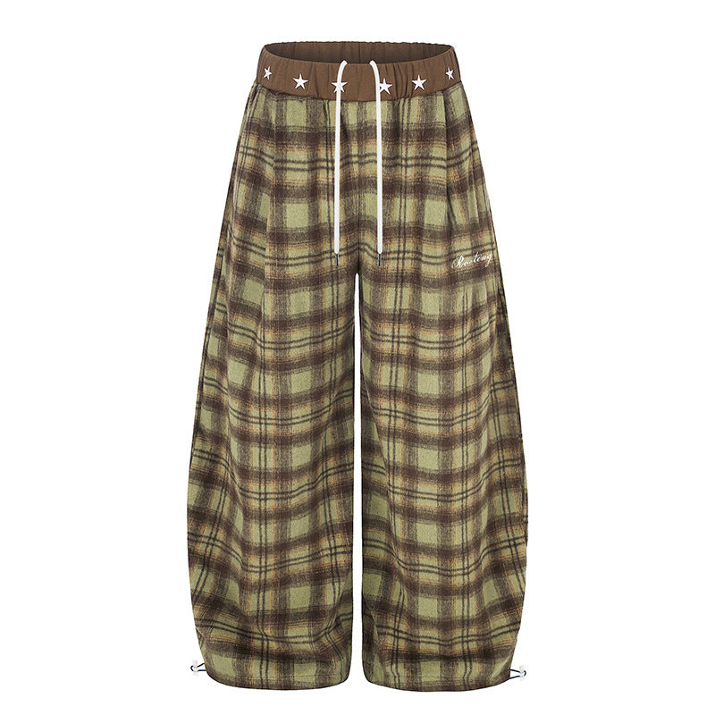 Damen Extraweite Karierte Palazzo-Loungehose aus weichem Fleece mit sternbesetztem Komfortbund, Tunnelzug und verstellbarem Saum Echoarchiv