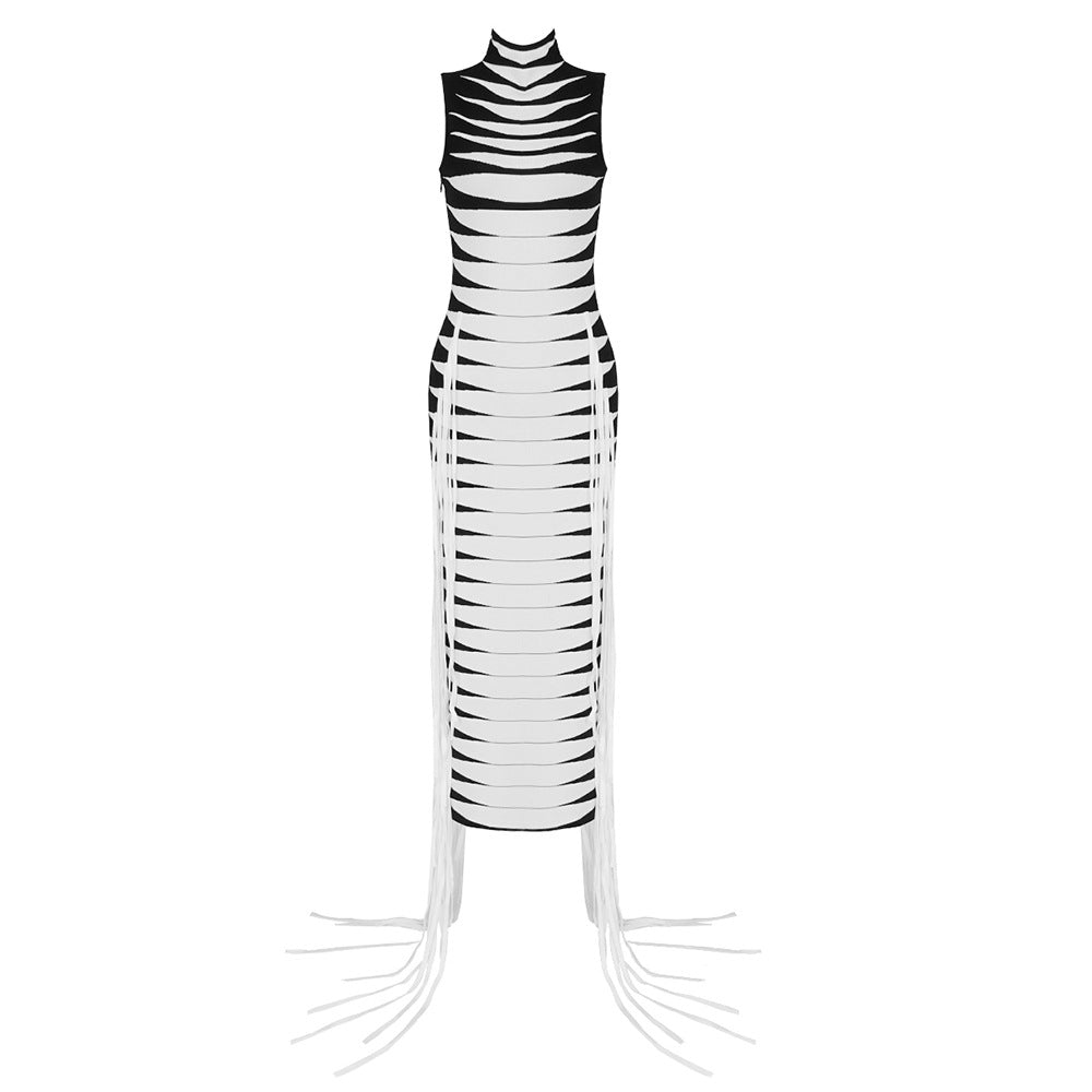 Damen körperbetontes Maxikleid mit Fransen und grafischem Design Echo Archiv