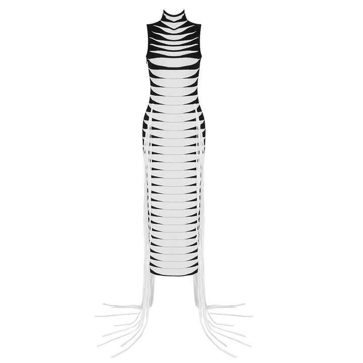 Damen körperbetontes Maxikleid mit Fransen und grafischem Design Echo Archiv