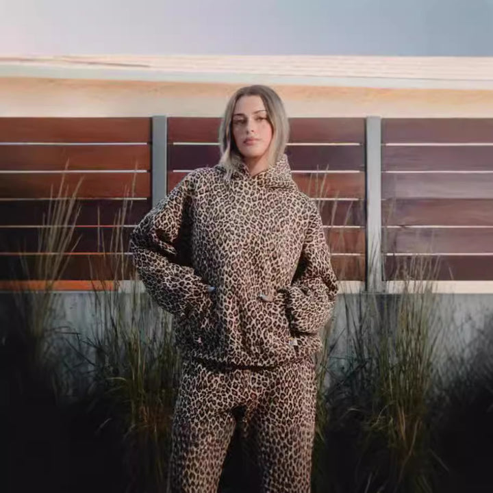 Frauen Freizeit Leopard Print Lounge Set mit Kapuzenpullover und Jogginghose Echoarchiv