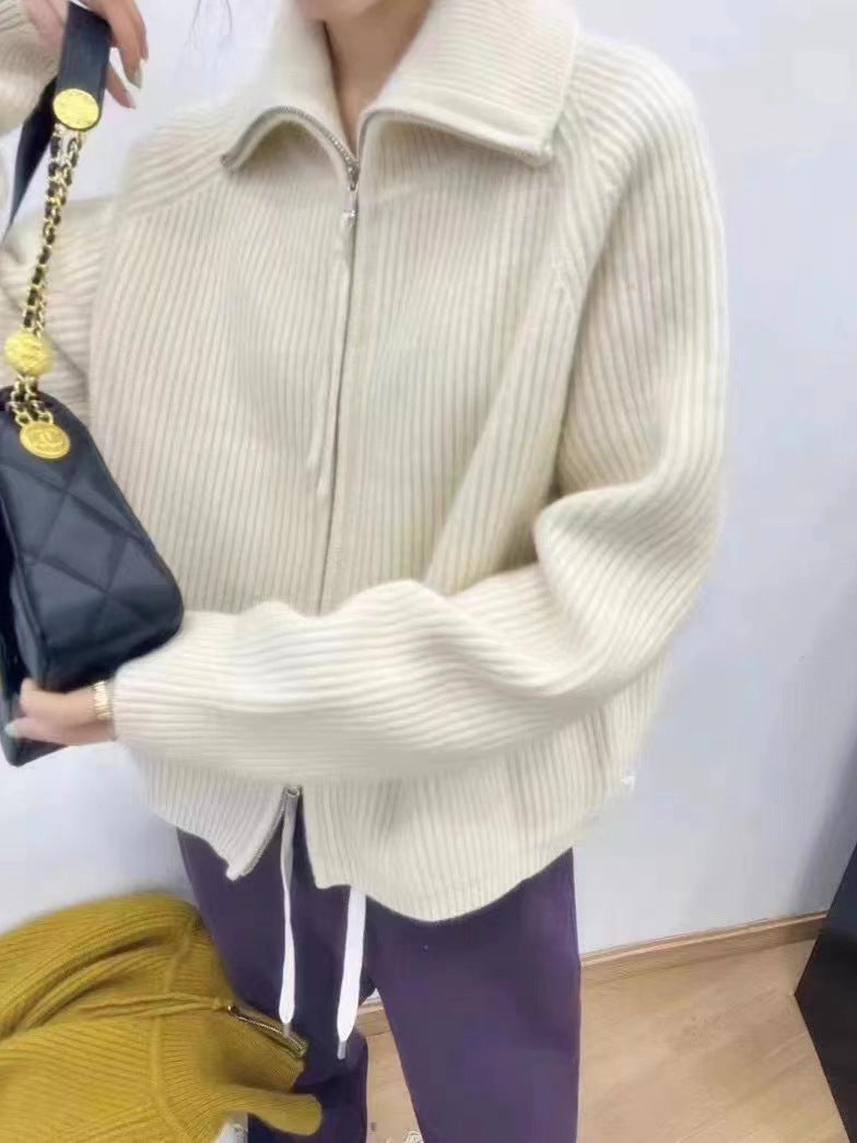 Damen Oversize-Strickjacke mit Reißverschluss, Stehkragen und gerippter Struktur Echoarchiv