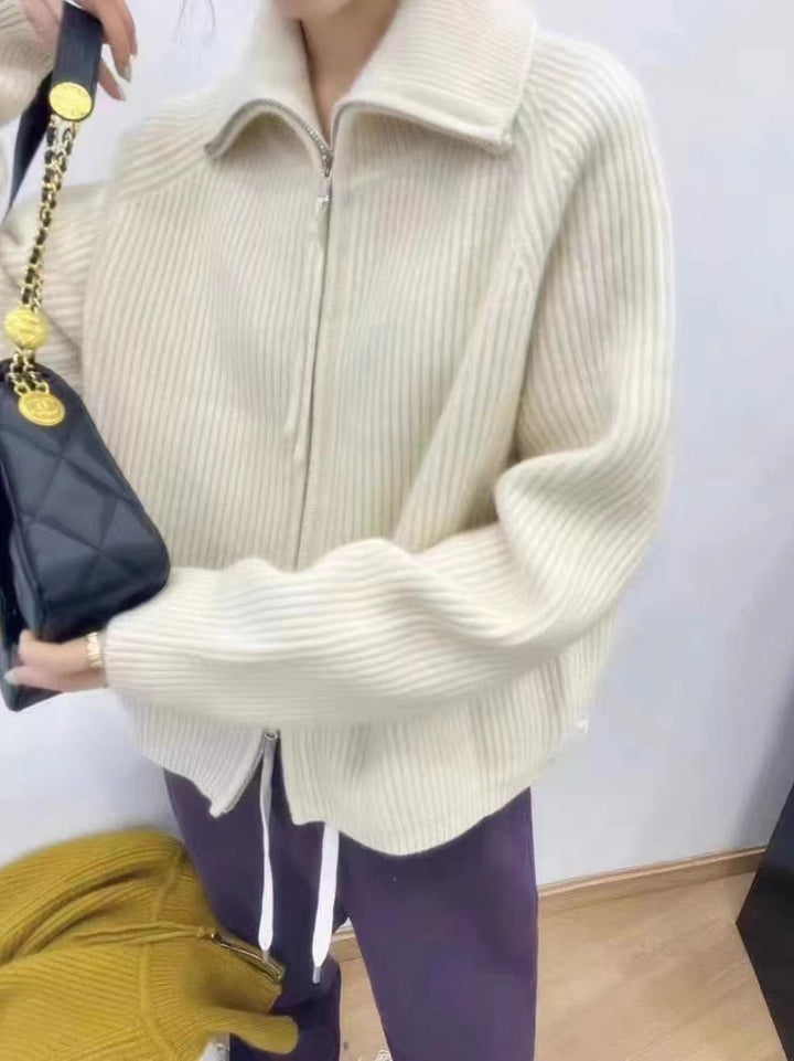 Damen Oversize-Strickjacke mit Reißverschluss, Stehkragen und gerippter Struktur Echoarchiv