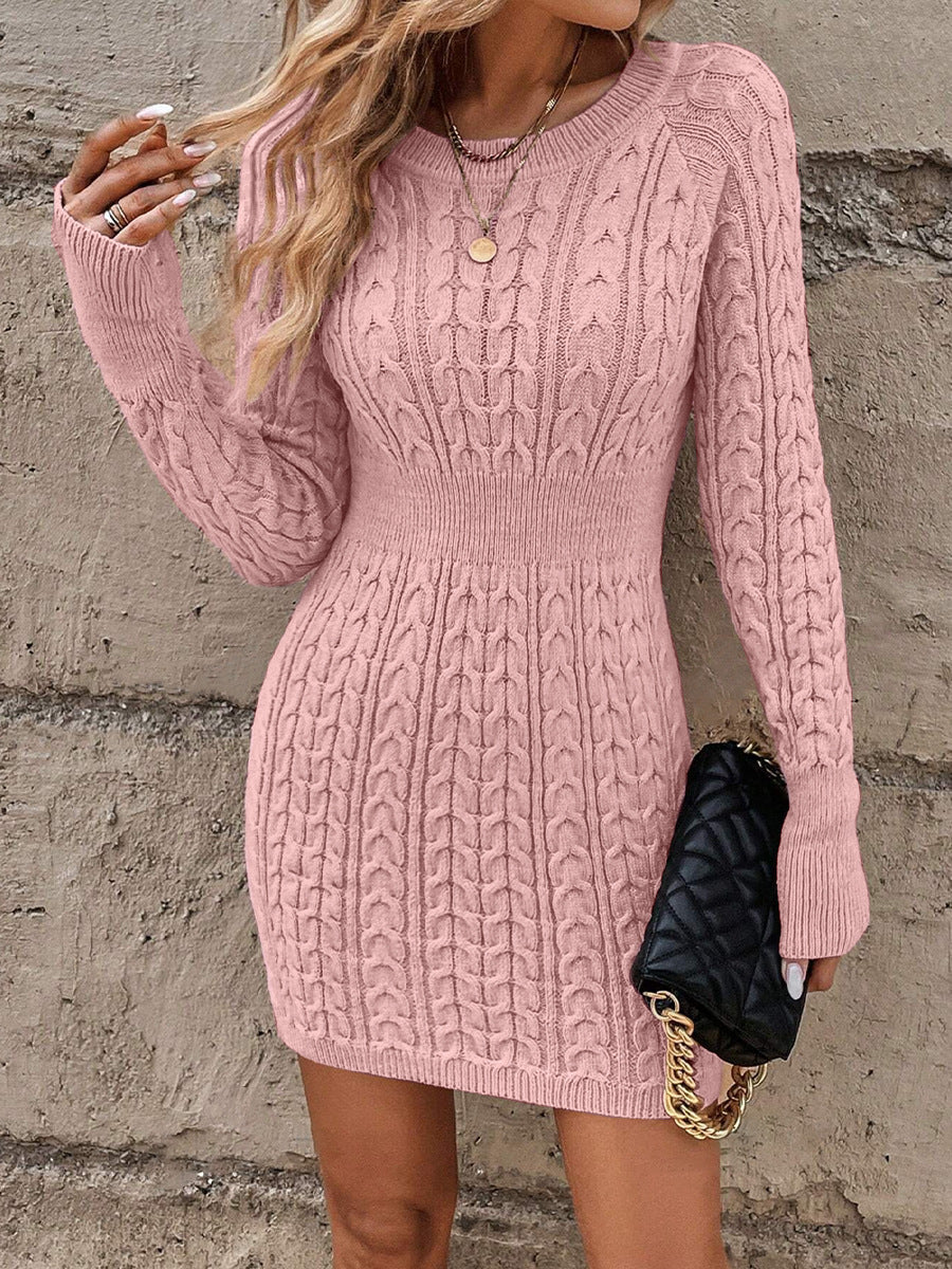 Damen Strickkleid mit Modernem Zopfdesign und Langen Ärmeln Echoarchiv