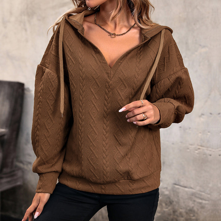 Damen Strukturiertes Zopfmuster-Kapuzen-Sweatshirt mit V-Ausschnitt und Ballonärmeln Echoarchiv