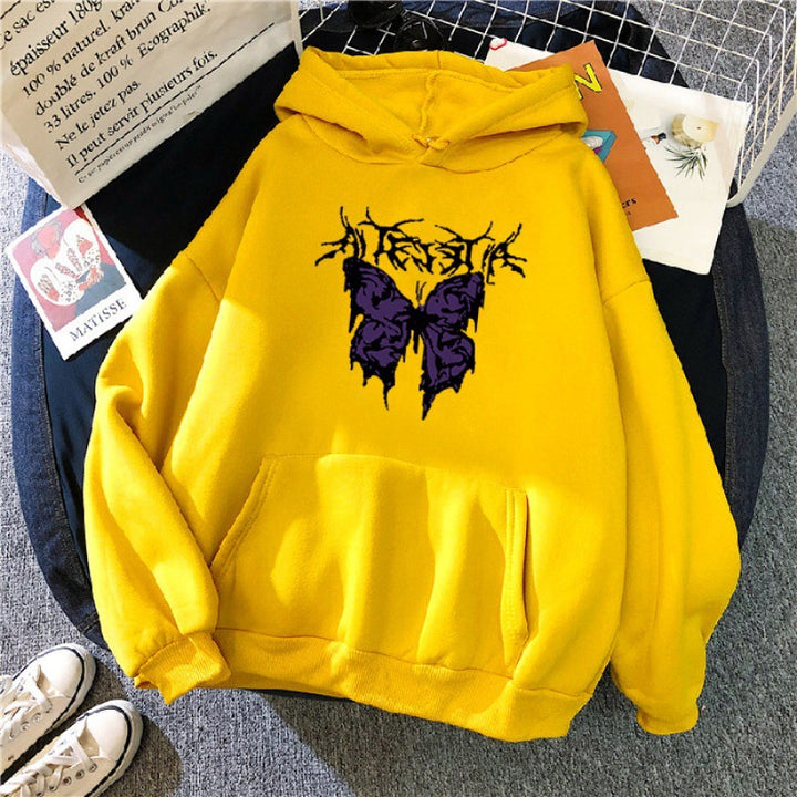 Damen Oversize-Kapuzenpullover mit gothischer Schmetterlings-Illustration und Kängurutasche – Auréline
