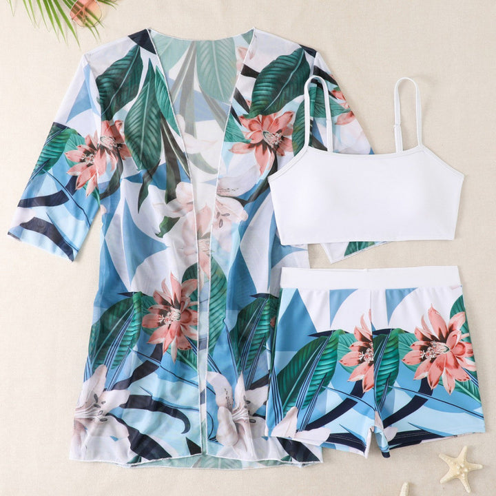 Damen Strandset mit floralem Kimono, Oberteil und Shorts Echo Archiv