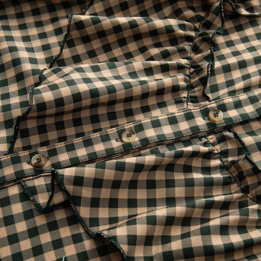 Damen Karierte Rüschenbluse mit Stehkragen und Volantdetails Echoarchiv