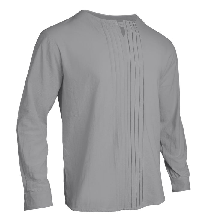 Herren Leichtes Langarmshirt im Leinenlook mit Stehkragen, Kellerfalten und Schlaufenverschluss Echoarchiv
