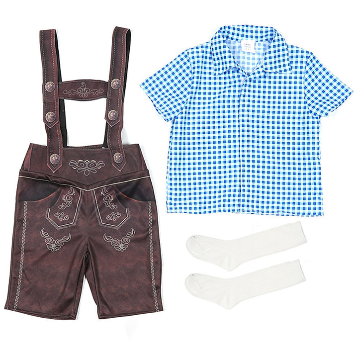 Damen nan traditionelle Trachtenlederhose mit verstellbaren Trägern und kariertem Blusen-Set Echo Archiv