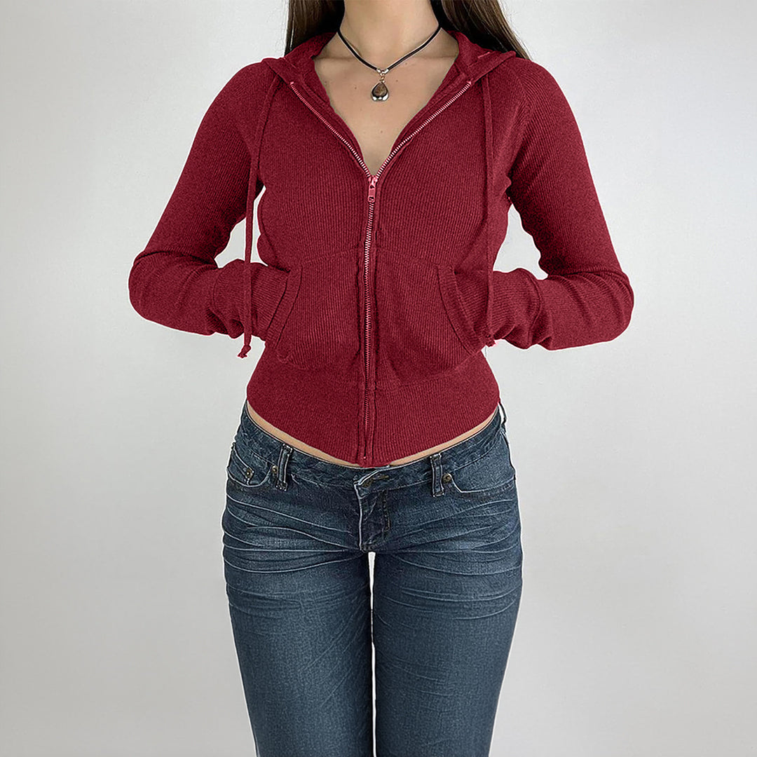 Damen nan schmal geschnittene Feinstrick-Hoodiejacke mit Metallzipper, Kängurutaschen und Daumenlochbündchen Echo Archiv