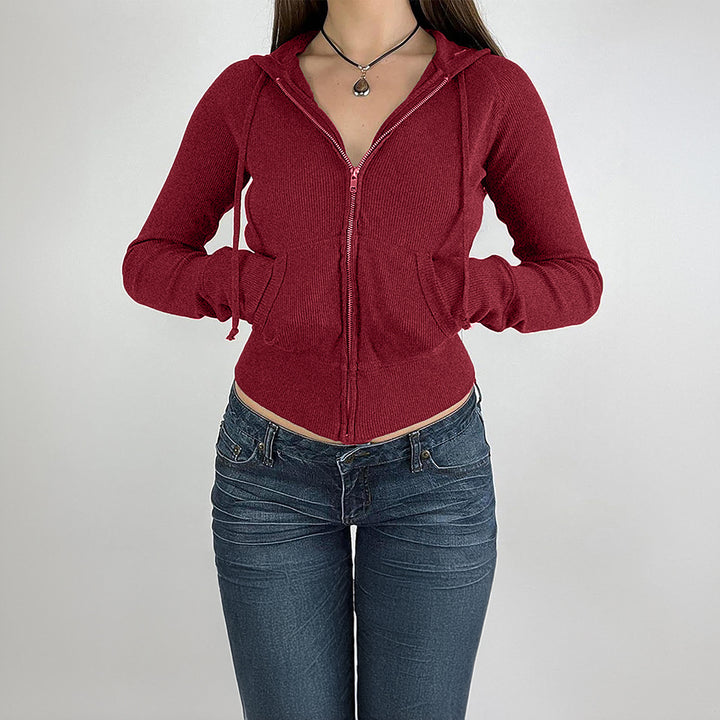 Damen nan schmal geschnittene Feinstrick-Hoodiejacke mit Metallzipper, Kängurutaschen und Daumenlochbündchen Echo Archiv