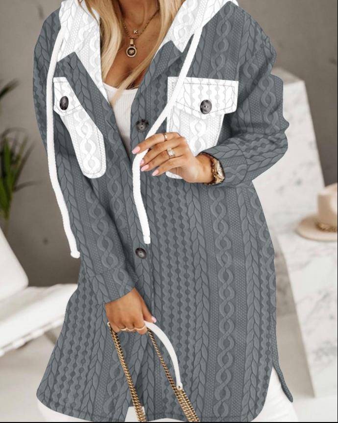 Damen Longline-Strickmantel mit Kapuze, Zierknöpfen und Kontrasttaschen – Montévia
