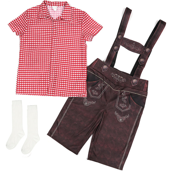 Damen nan traditionelle Trachtenlederhose mit verstellbaren Trägern und kariertem Blusen-Set Echo Archiv
