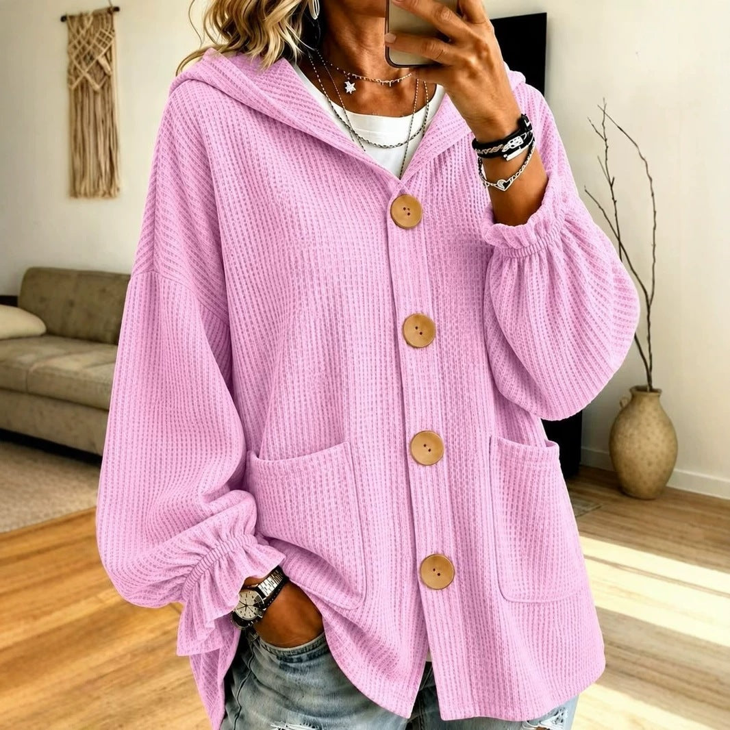 Damen Oversize Kapuzen-Strickjacke mit Waffelstruktur und Holzknöpfen Echo Archiv