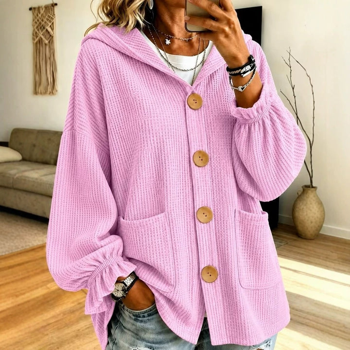Damen Oversize Kapuzen-Strickjacke mit Waffelstruktur und Holzknöpfen Echo Archiv