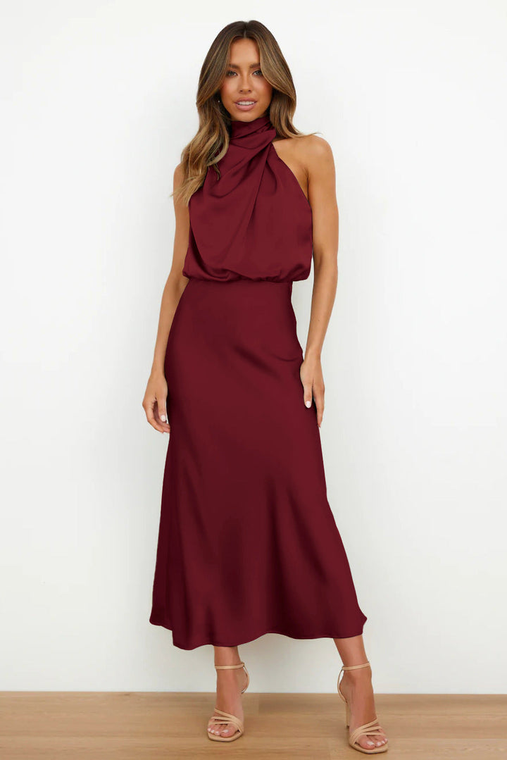 Damen Fließendes Maxikleid mit elegantem Stehkragen und Drapierung Echoarchiv