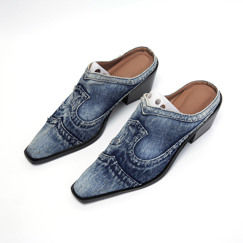 Damen nan Jeans-Slipper mit spitzer Zehenkappe, fransiger Kantenverarbeitung und mittelhohem Blockabsatz Echo Archiv