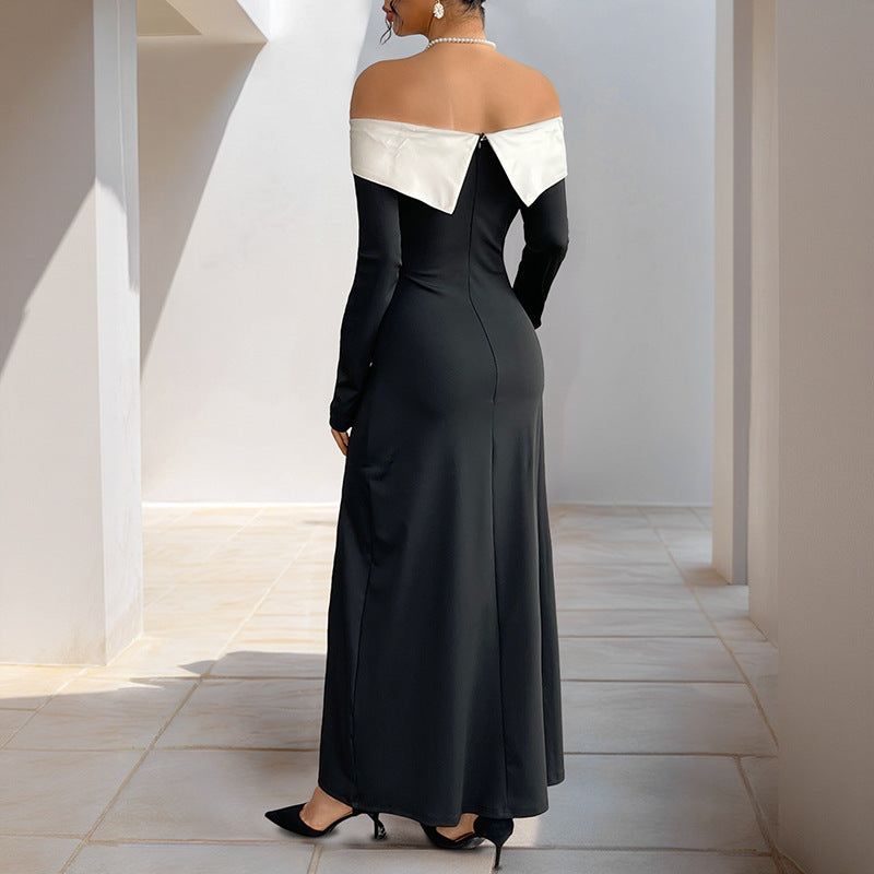 Damen Schulterfreies Maxikleid mit langen Ärmeln, hohen Seitenschlitzen und Umschlagkragen Echoarchiv