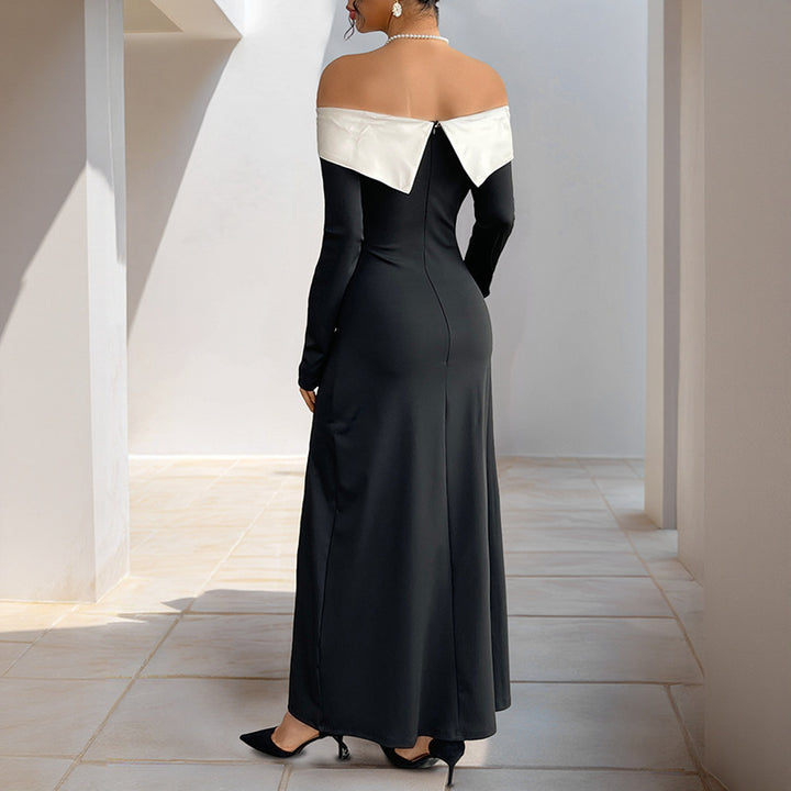 Damen Schulterfreies Maxikleid mit langen Ärmeln, hohen Seitenschlitzen und Umschlagkragen Echoarchiv