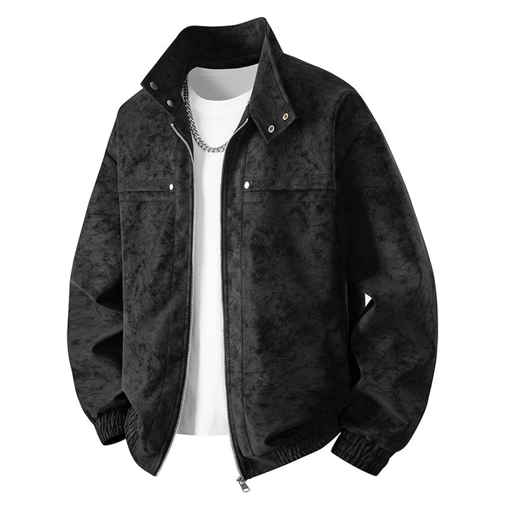 Herren Velours-Imitat Übergangsjacke im Bomberstil mit Stehkragen, Druckknopfleiste & elastischen Bündchen Echoarchiv