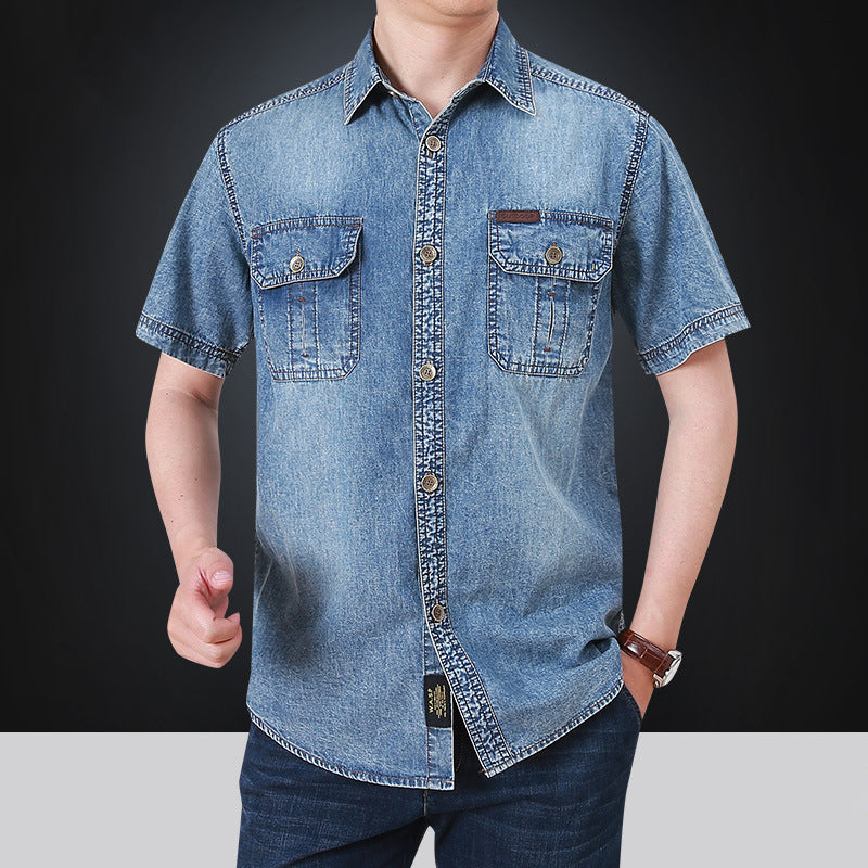 Herren kurzärmeliges Denim-Hemd mit aufgesetzten Taschen Echoarchiv
