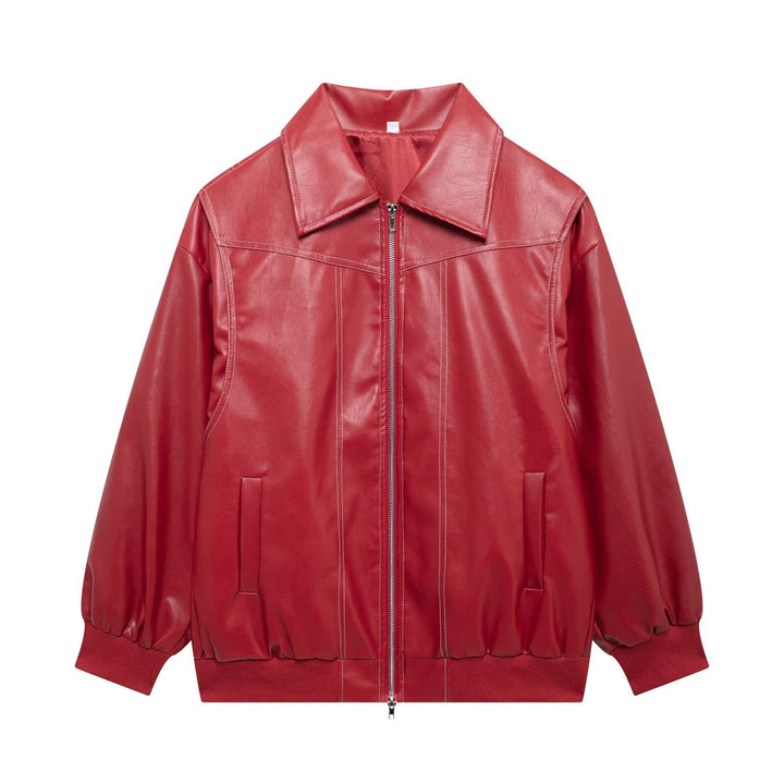 Damen modische Lederjacke mit strukturiertem Kragen und praktischen Taschen Echoarchiv