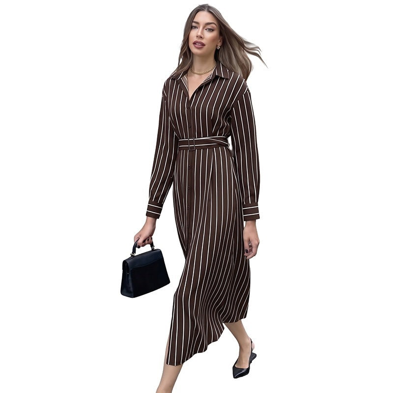 Damen Hemdblusenkleid mit Taillengürtel und vertikalem Nadelstreifen Echoarchiv