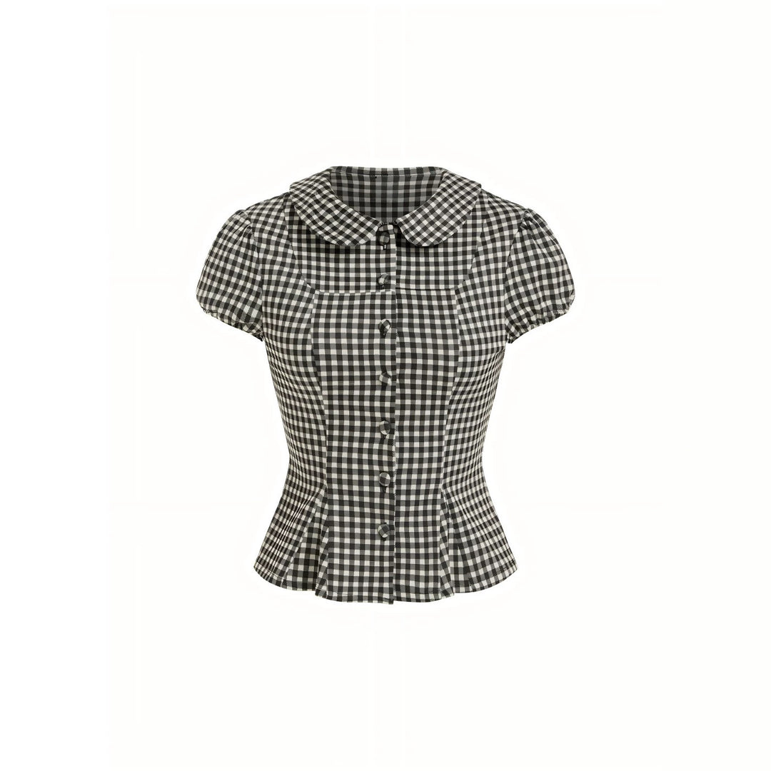 Damen Karo-Bluse mit Bubikragen, Taillierter Peplum-Silhouette und Puffärmeln – Élovi