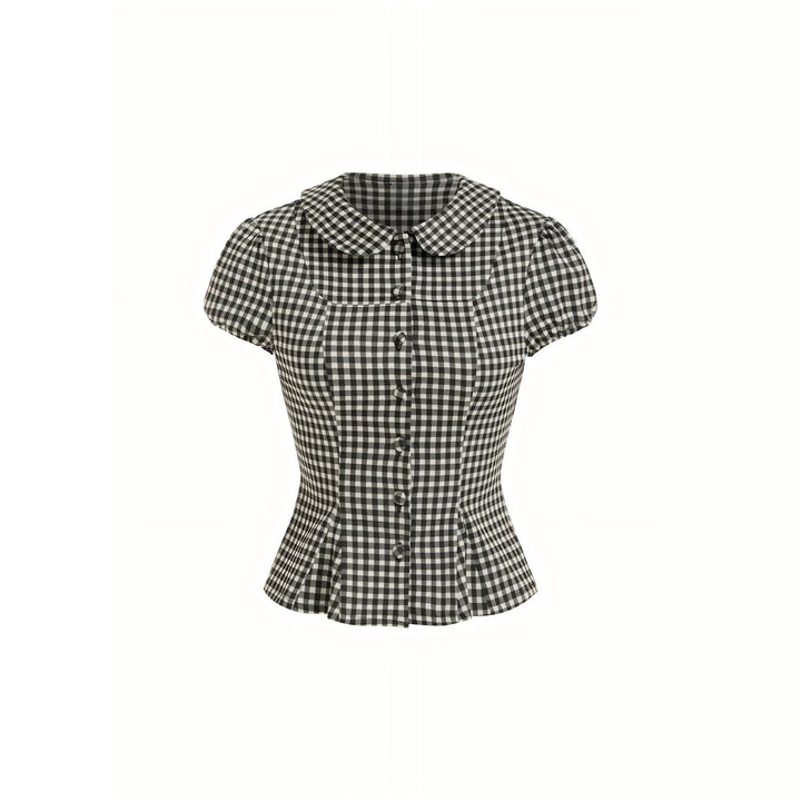 Damen Karo-Bluse mit Bubikragen, Taillierter Peplum-Silhouette und Puffärmeln – Élovi