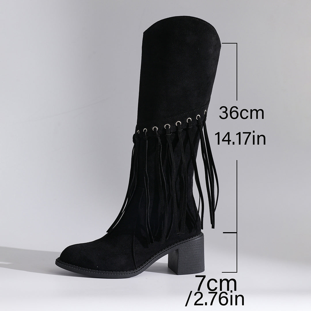 Damen wadenhohe Fransen-Stiefel in Wildlederoptik mit Ösendetail und mittelhohem Blockabsatz Echo Archiv