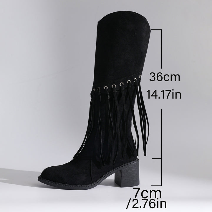 Damen wadenhohe Fransen-Stiefel in Wildlederoptik mit Ösendetail und mittelhohem Blockabsatz Echo Archiv
