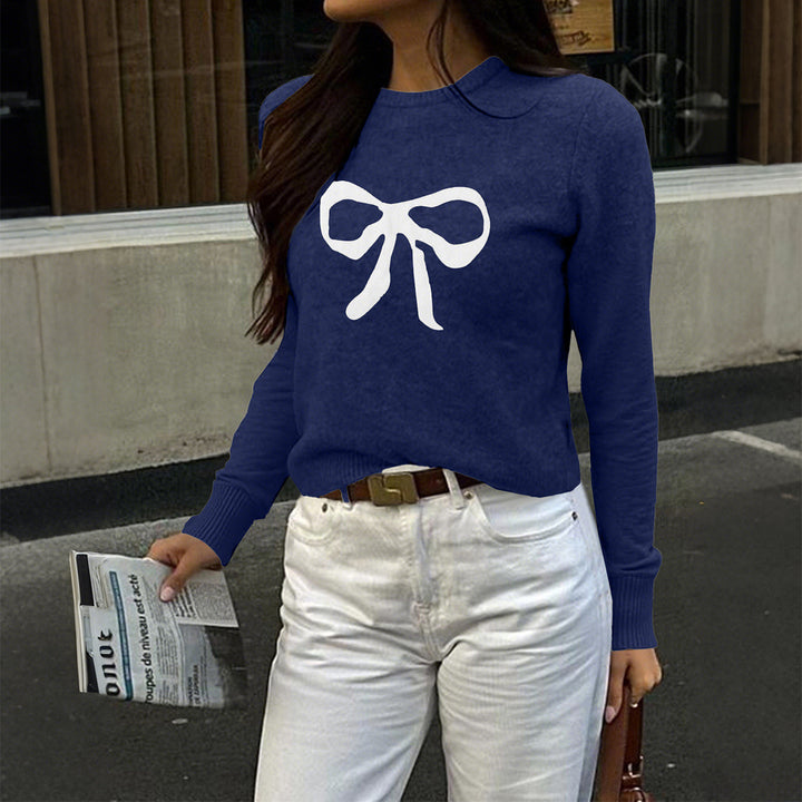 Damen Feinstrickpullover mit großem Schleifenprint, Rundhalsausschnitt und schmaler Passform – Mavelle