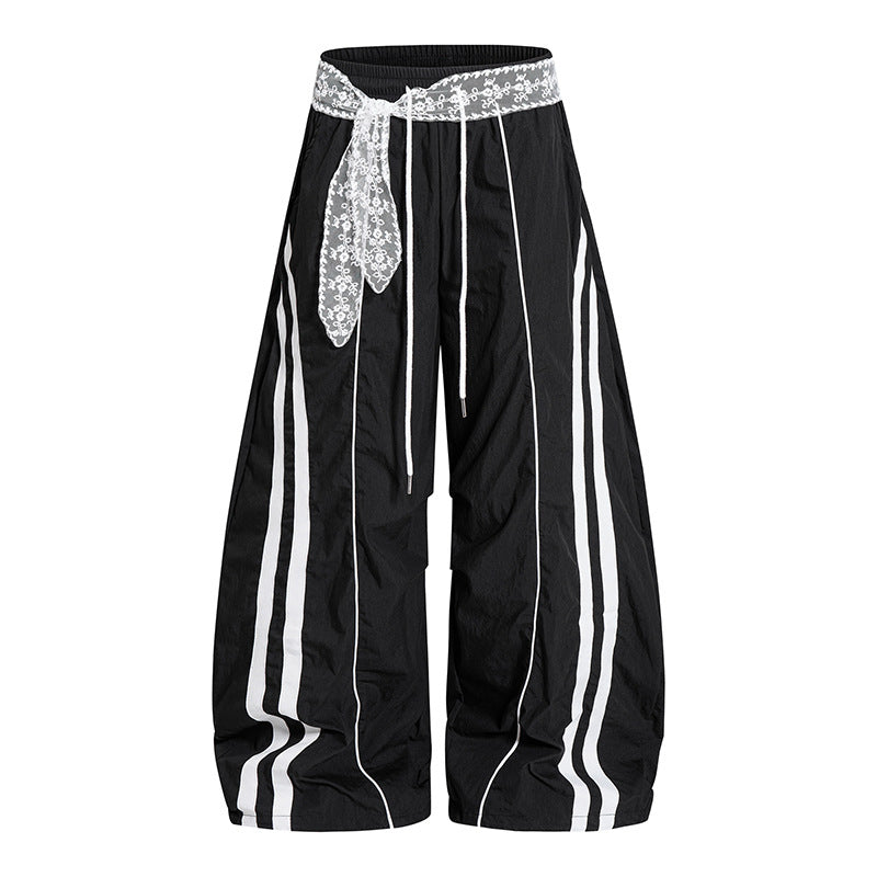 Damen Weite Palazzo-Loungehose mit elastischem Komfortbund, Kontraststreifen und Spitzenschnur Echoarchiv