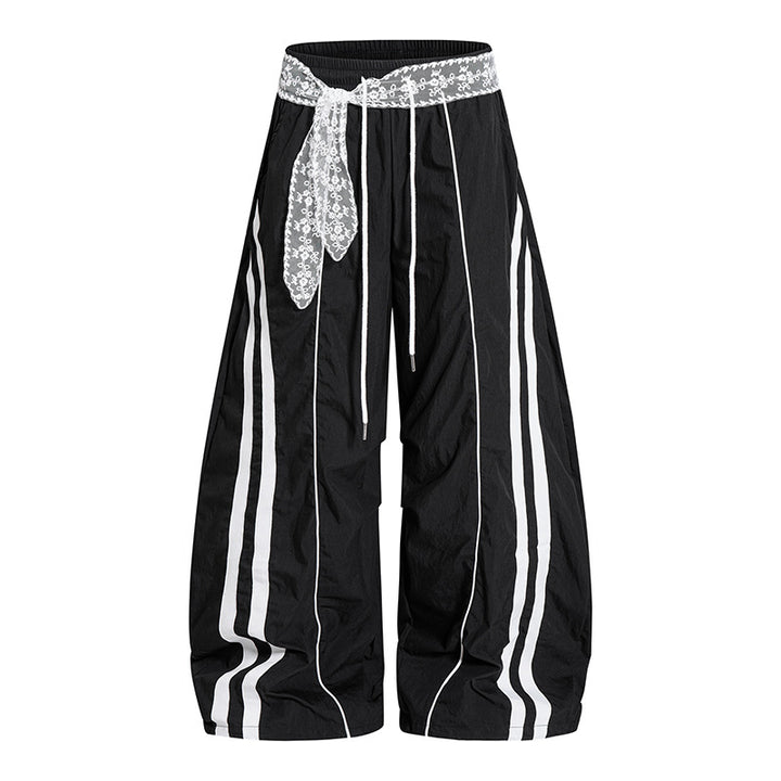Damen Weite Palazzo-Loungehose mit elastischem Komfortbund, Kontraststreifen und Spitzenschnur Echoarchiv
