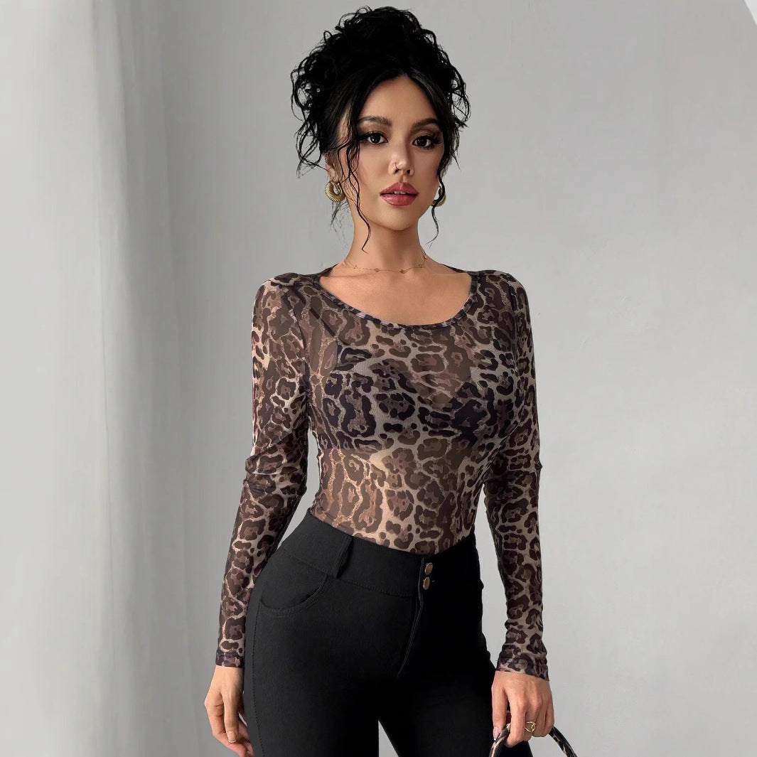 Damen nan eng anliegendes semitransparentes Meshshirt mit Leopardenmuster und Rundhalsausschnitt Echo Archiv