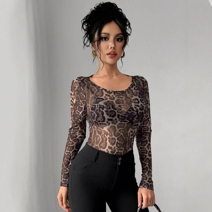 Damen nan eng anliegendes semitransparentes Meshshirt mit Leopardenmuster und Rundhalsausschnitt Echo Archiv