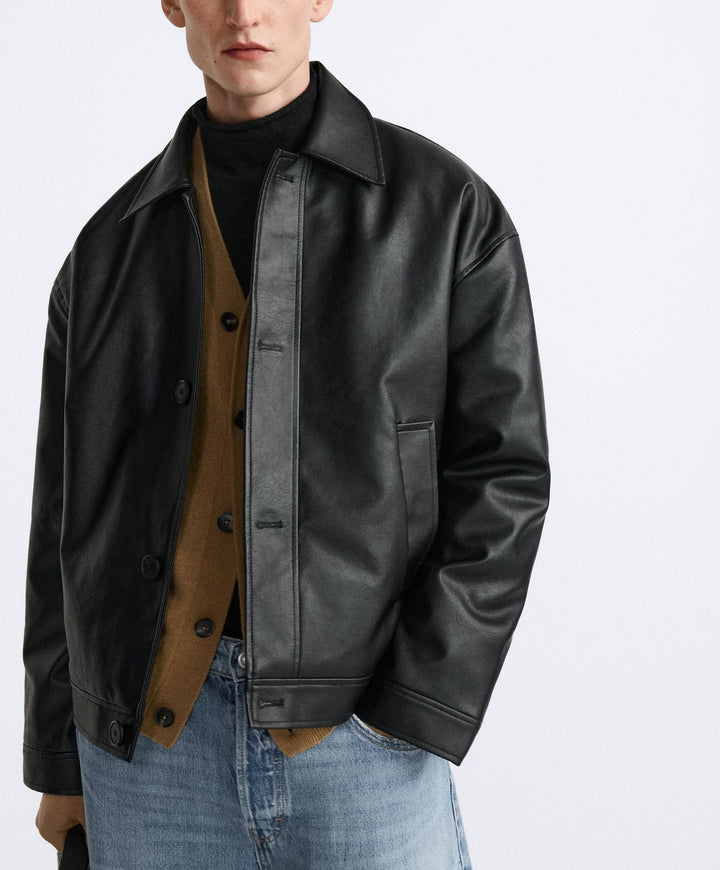 Herren Kurz geschnittene Lederjacke mit klassischem Kragen Echo Archiv