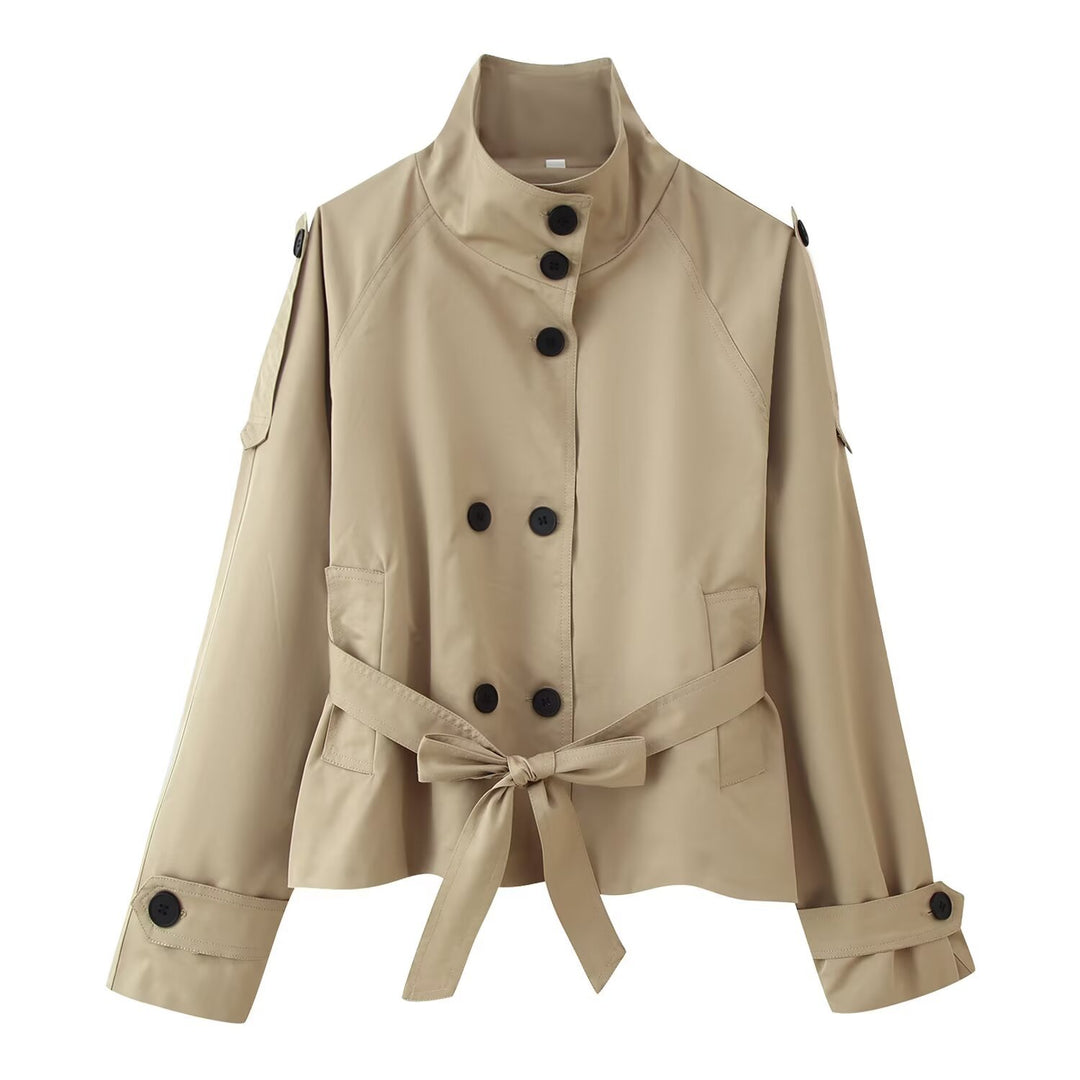 Damen 400+ kurzer taillierter Trenchblouson mit Stehkragen, doppelreihiger Knopfleiste und Bindegürtel Echo Archiv
