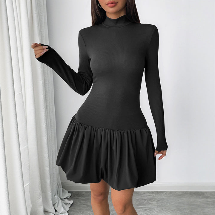 Damen Figurbetontes Minikleid mit Rippenoberteil, Stehkragen und gerafftem Ballonrock – Élara