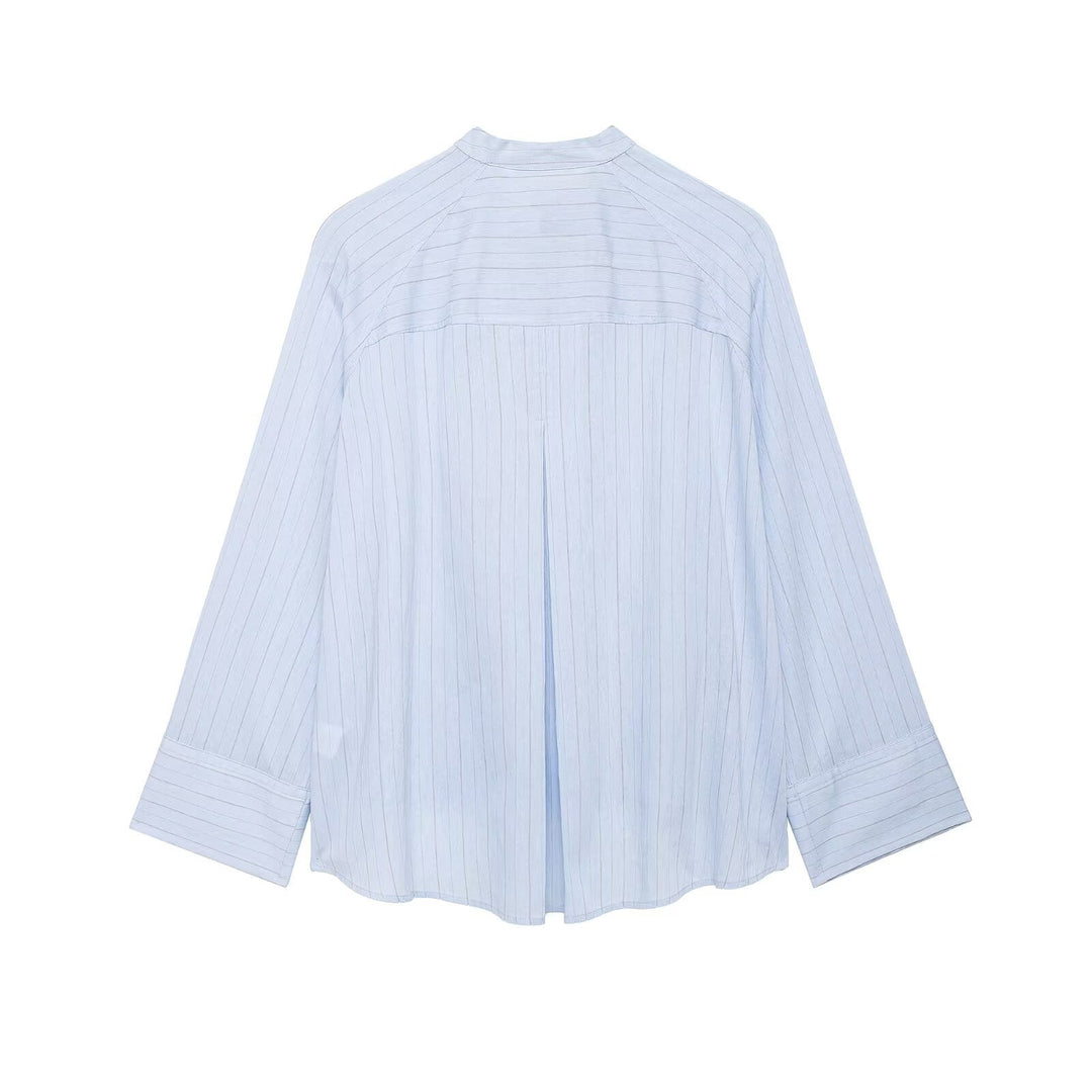 Damen Oversized gestreifte Hemdbluse mit Stehkragen, asymmetrischer Knopfleiste und High‑Low‑Saum Echo Archiv