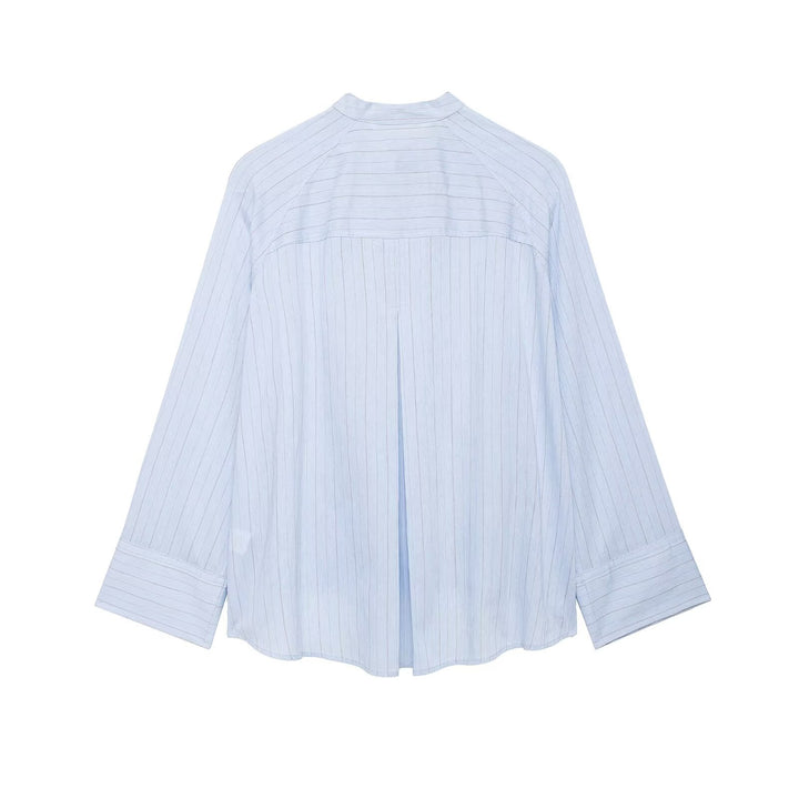 Damen Oversized gestreifte Hemdbluse mit Stehkragen, asymmetrischer Knopfleiste und High‑Low‑Saum Echo Archiv
