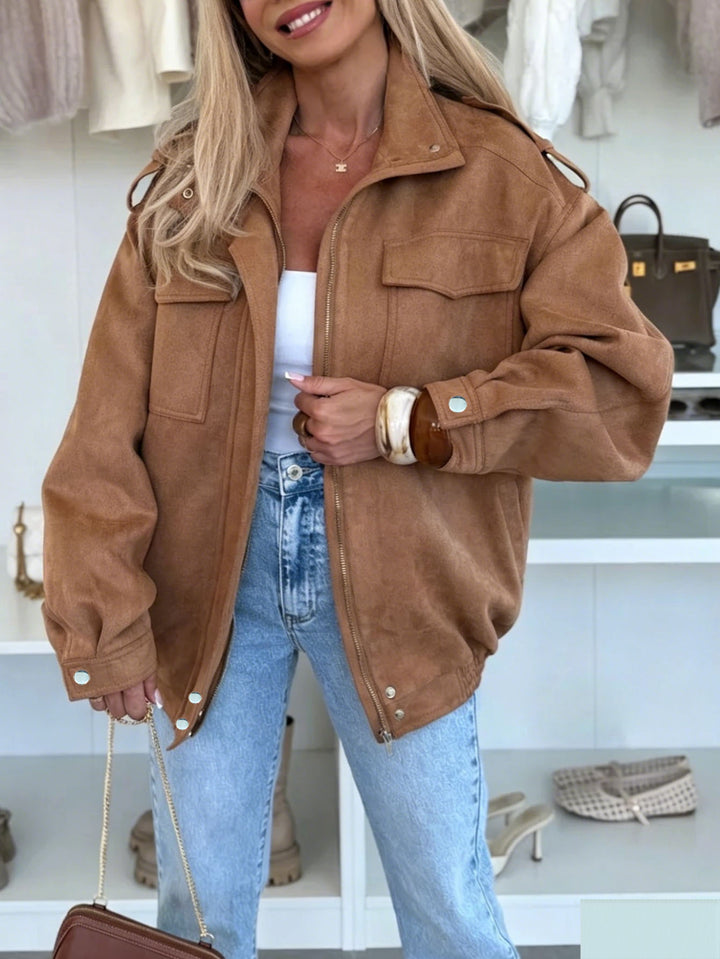 Damen Oversized Jacke in Wildleder-Optik mit Brusttaschen und Epauletten Echoarchiv