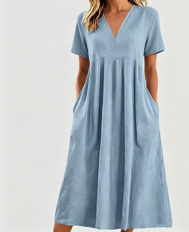Damen nan legeres V-Ausschnitt-Midikleid mit Eingrifftaschen und geraffter Empirenaht Echo Archiv