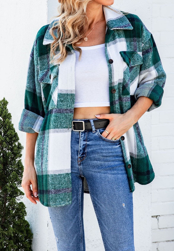 Damen Karierte Flanelljacke mit Brusttaschen Echoarchiv