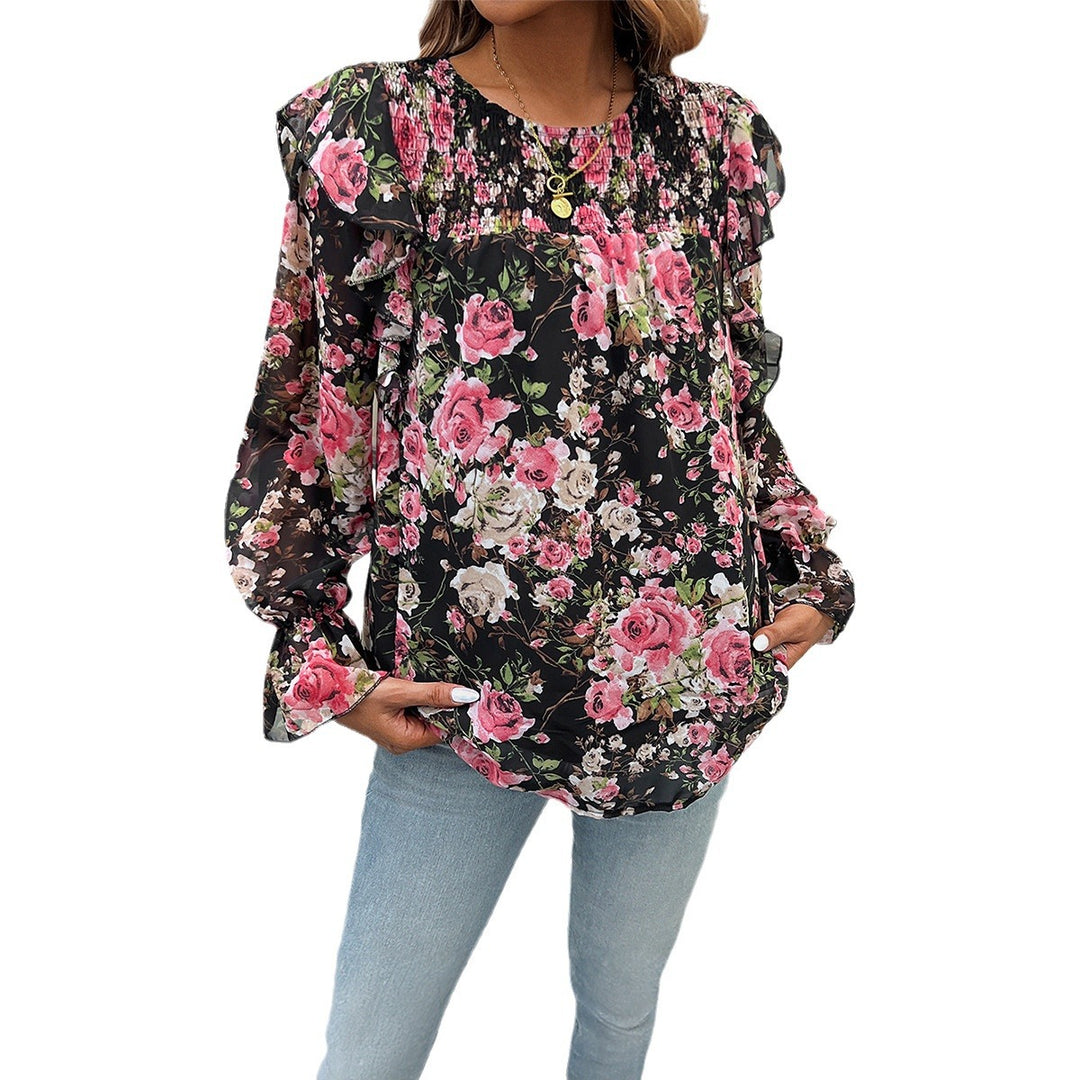 Damen nan geblümte Chiffonbluse mit geraffter Passe, Volantärmeln und lockerem Fall Echo Archiv