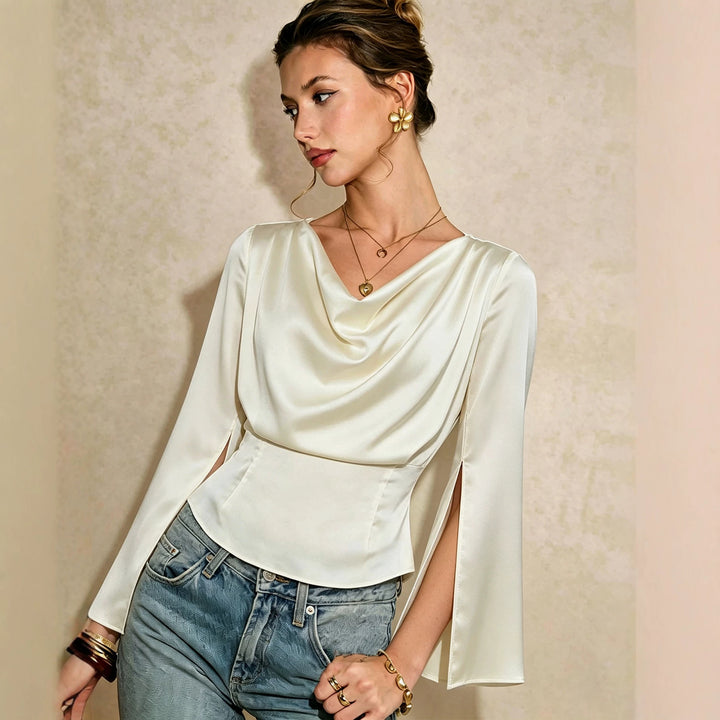 Damen elegante Satinbluse mit Wasserfallausschnitt, taillierter Silhouette und langen Ärmelschlitzen – Élovi