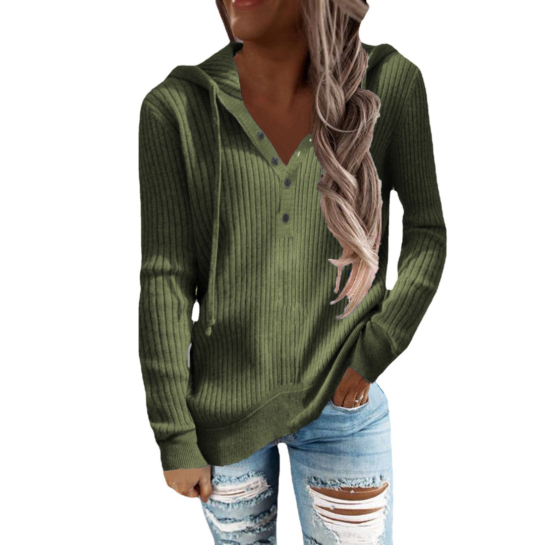 Damen Lässiger gerippter Hoodie-Pullover mit Henley-Knopfleiste und Tunnelzug Echoarchiv